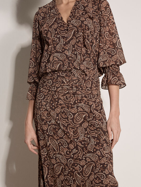 Chiffon Paisley A-Line Midaxi Skirt, Brown, large