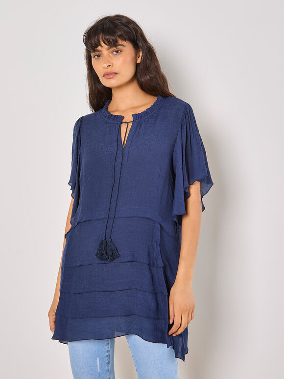 Ruffle Tiered Tunic Top, Navy, large