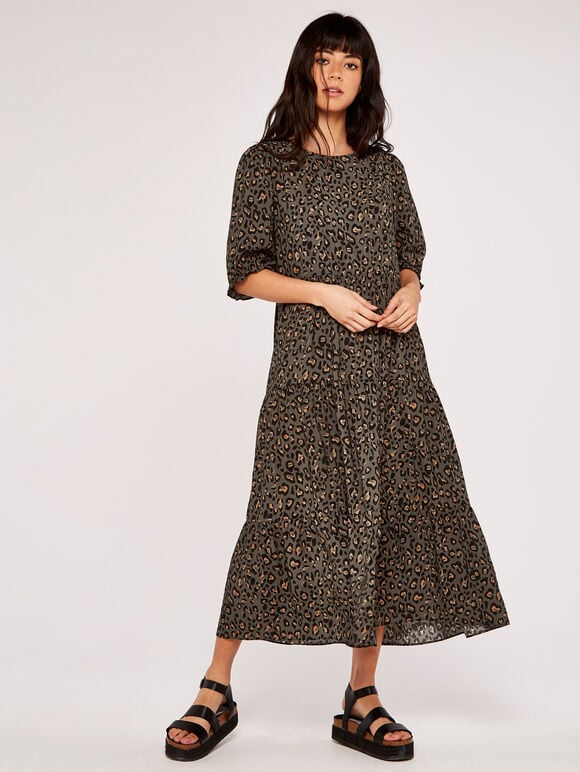 Animal Print Smock Dress, Khaki, large