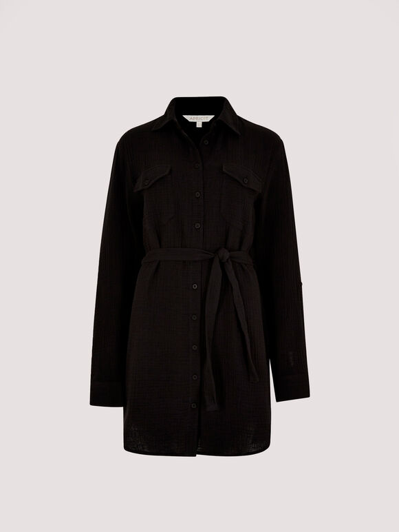 Mini-robe chemise en coton, Noir, grand