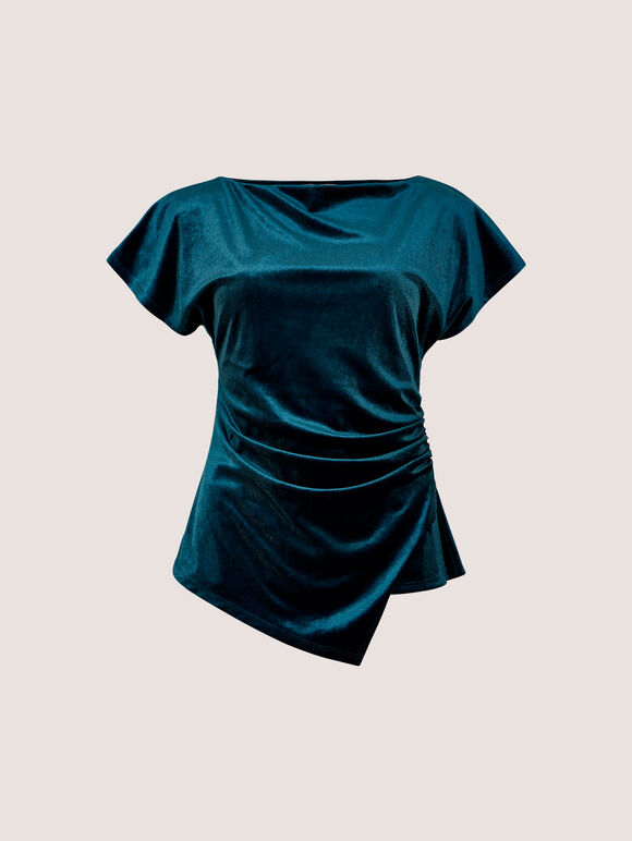 Asymmetric Ruched Velvet Top, Teal, large