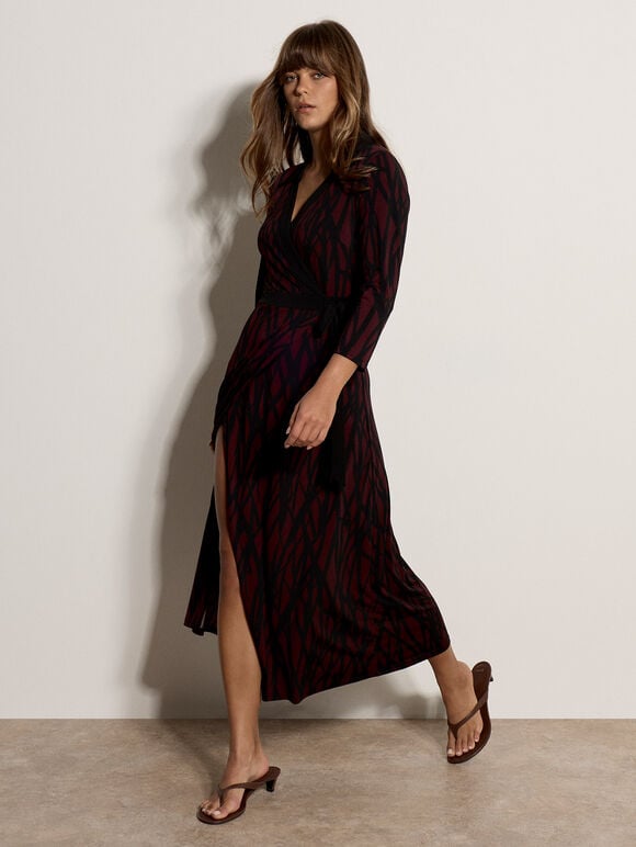 Abstract Print Wrap Maxi Dress, Burgundy, large