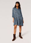 Leopard Print Swing Shirt Mini Dress, Blue, large