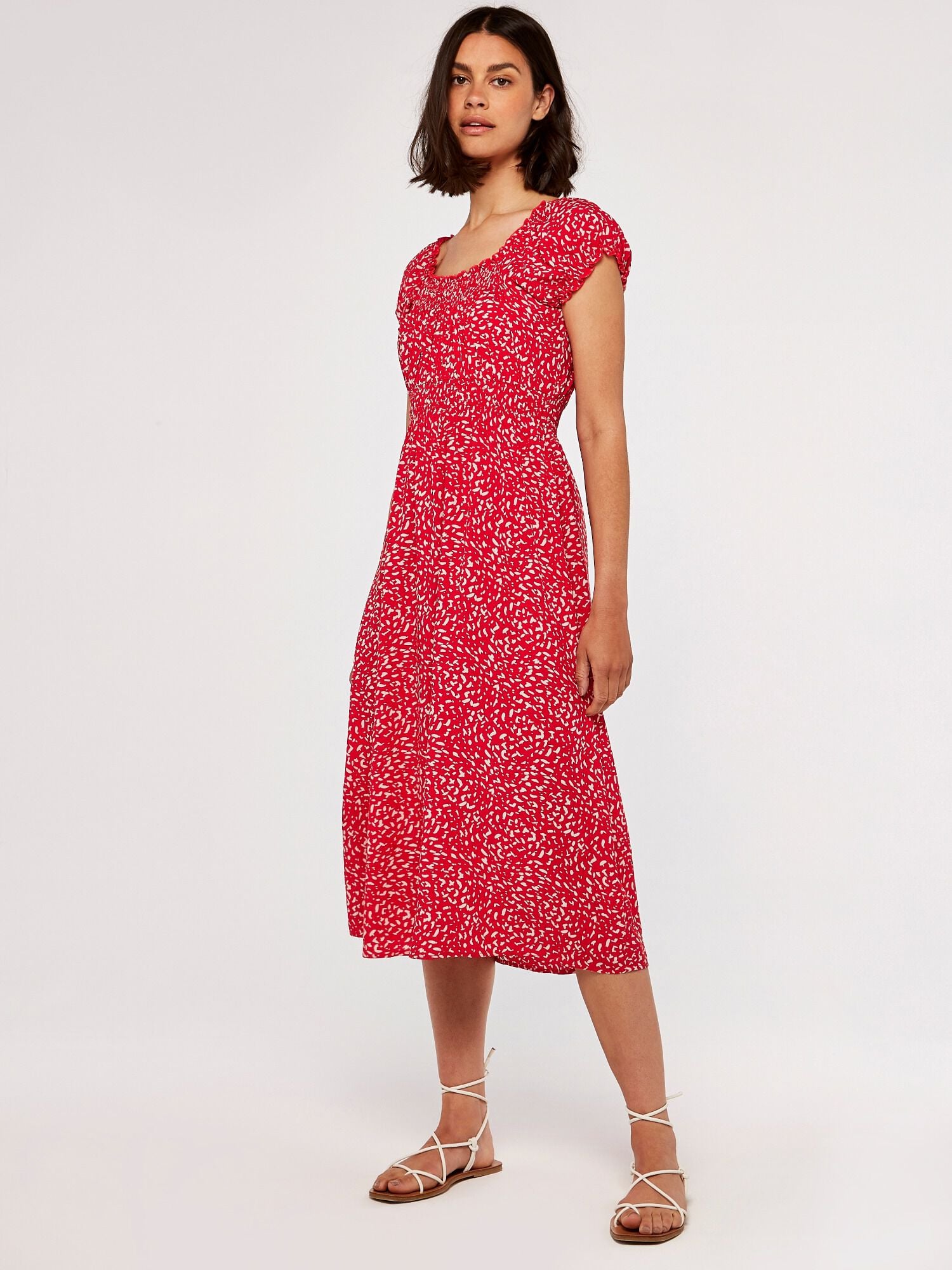 Brush Spot Milkmaid Midi Dress | Apricot UK
