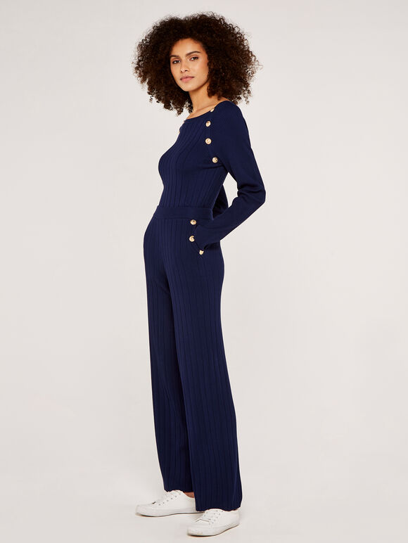 Ribbed Jumper with Gold Buttons, Navy, large