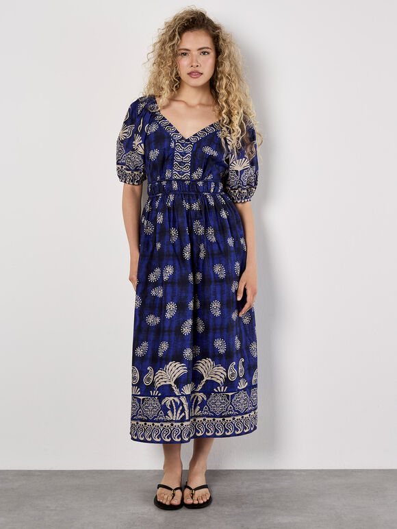 Paisley Print Button Mini Dress, Navy, large