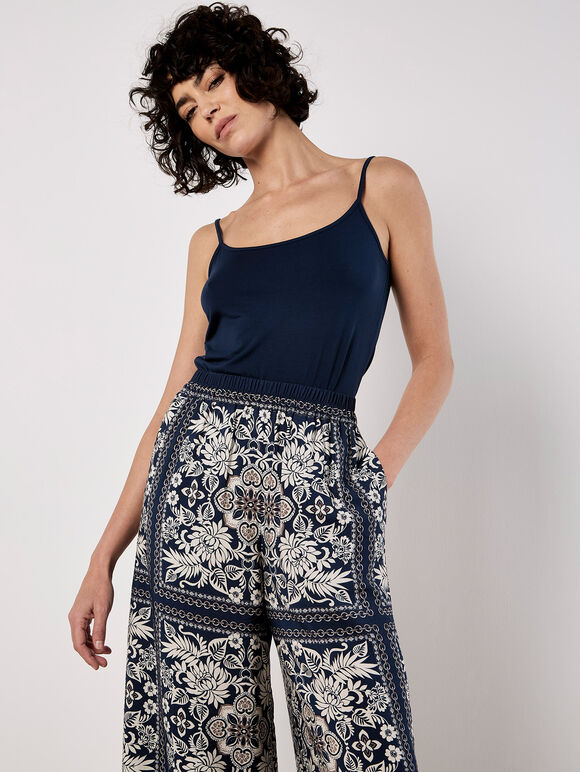 Scarf Print Flare Trousers, Navy, large