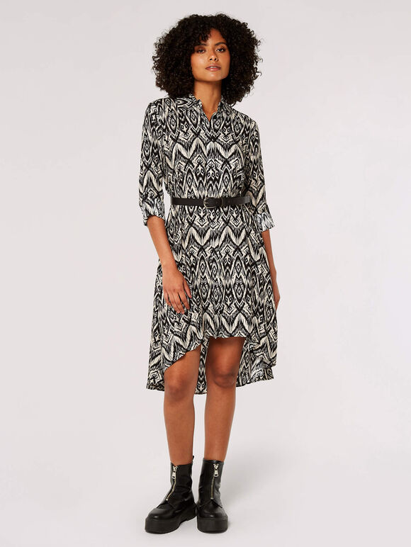 Diamond Print Shirt Mini Dress, Black, large