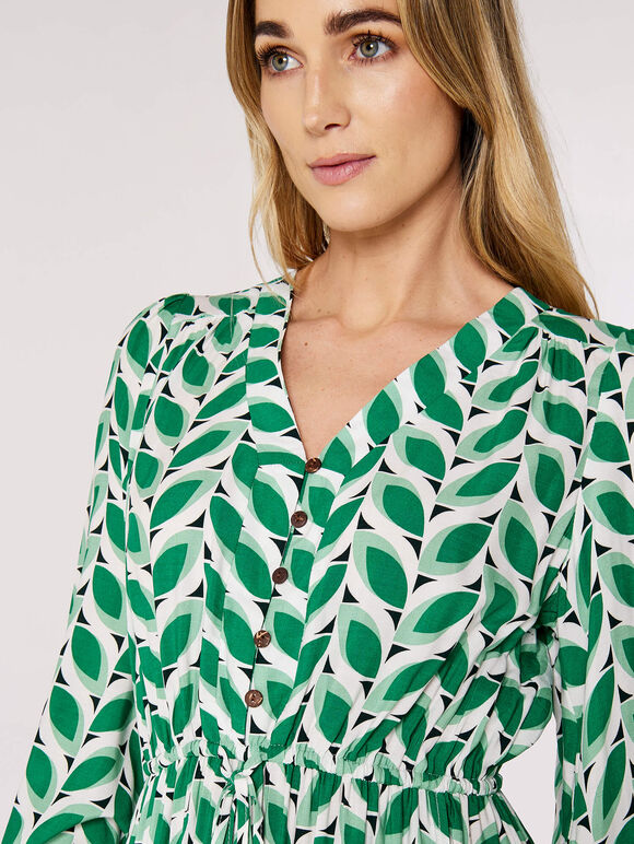 Geo Leaves Drawstring Maxi Dress, Green, large