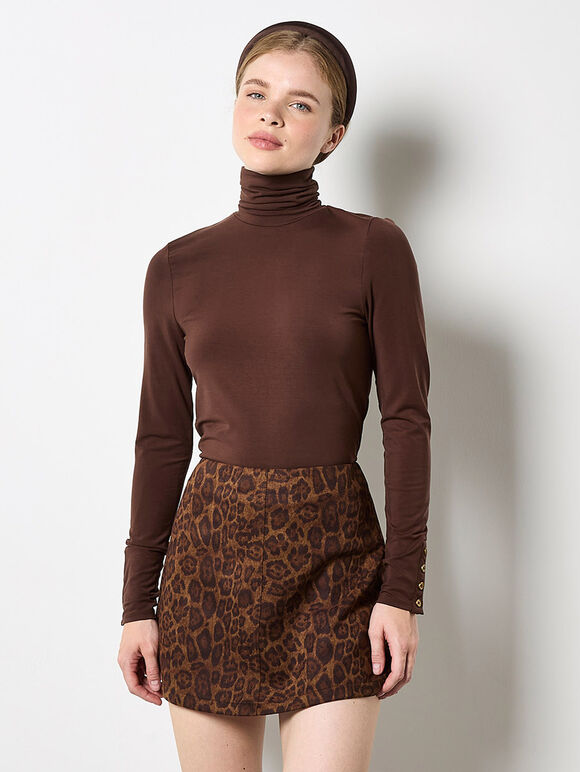 Leopard Suedette Mini Skirt, Brown, large