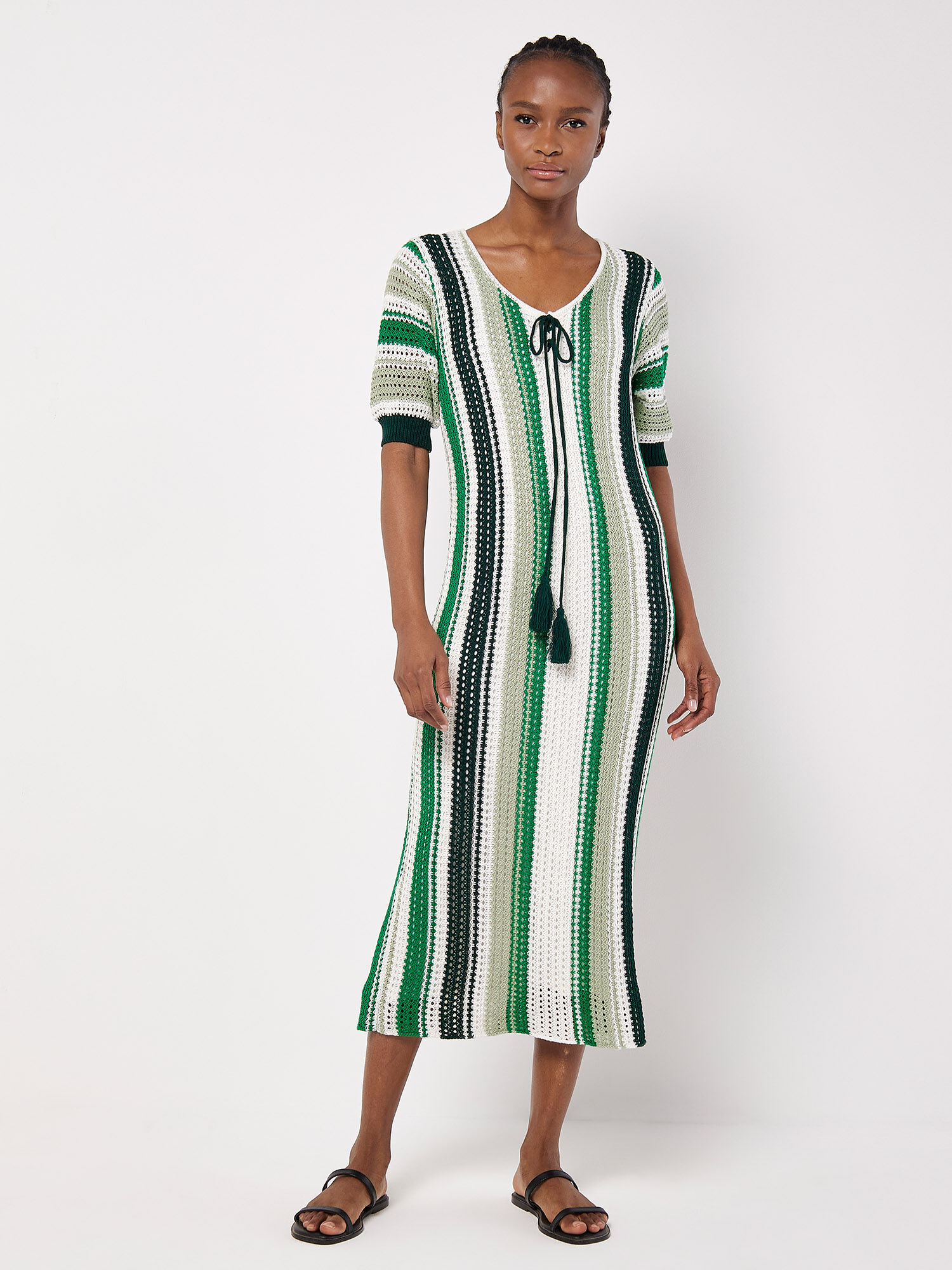 Crochet Stripe Midi Dress Apricot Clothing