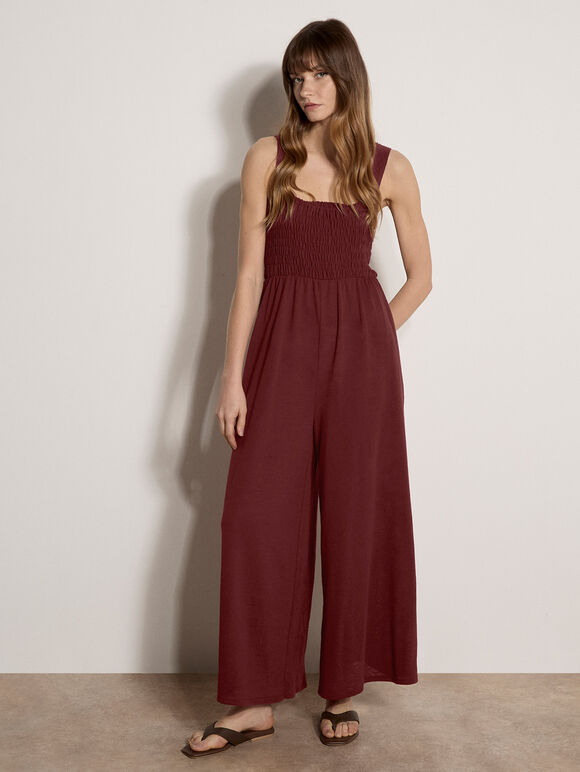 Wide-Leg Jersey Jumpsuit, Burgundy, large