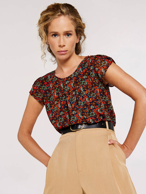 Ditsy Tulip Sleeve Top, Navy, large