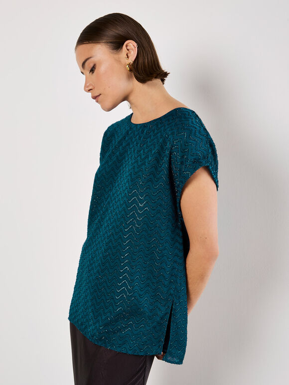 Shimmer Chevron Chiffon Top, Teal, large