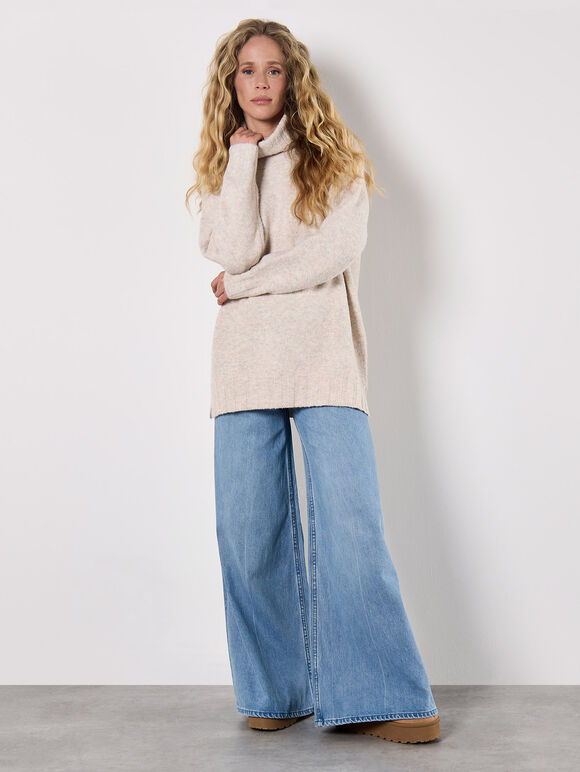 Oversized Roll Neck Tunic Jumper, Cream, large