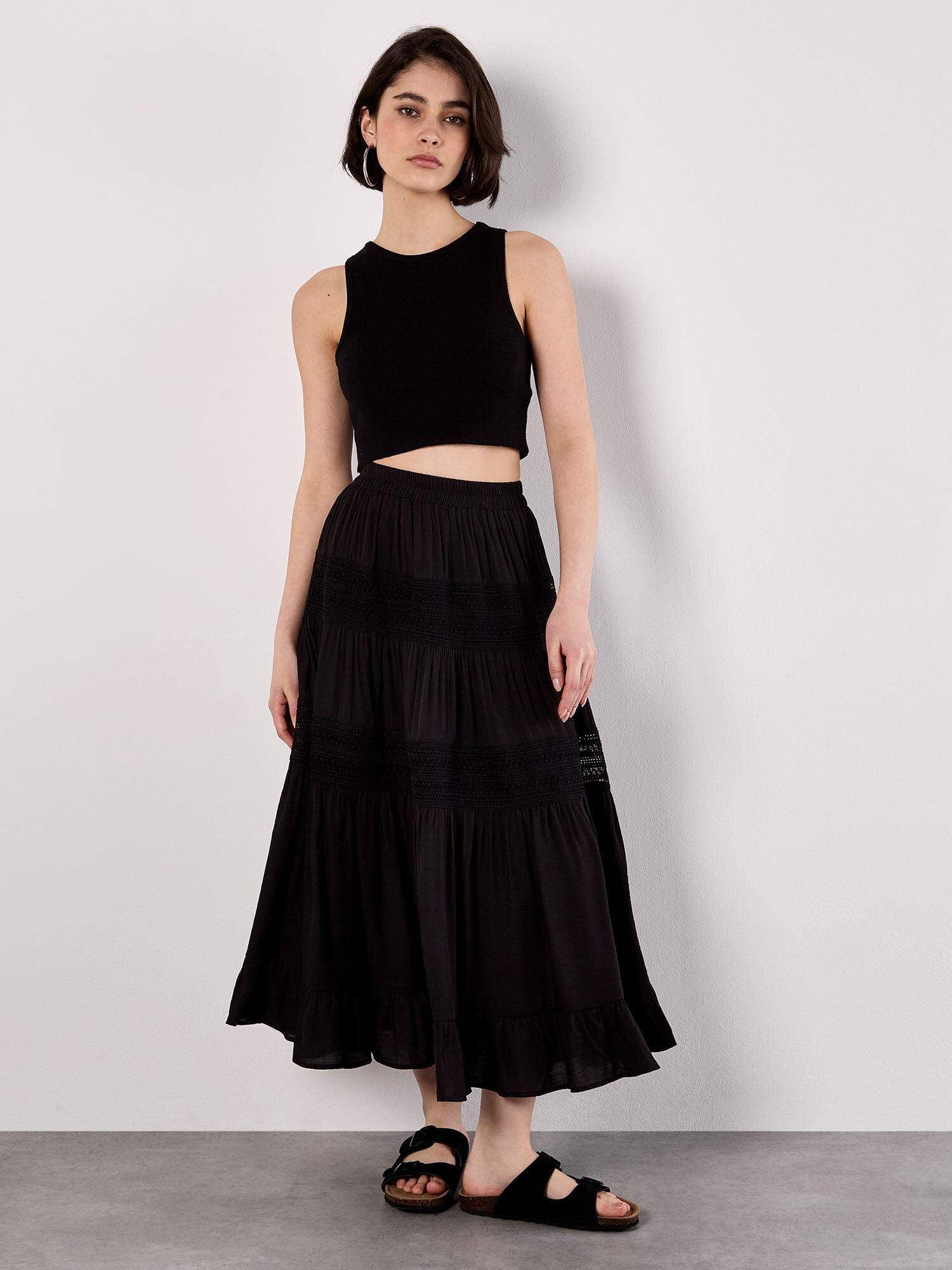 Crochet Panel Tiered Midi Skirt | Apricot Clothing