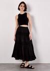 Crochet Panel Tiered Midi Skirt, Black, large