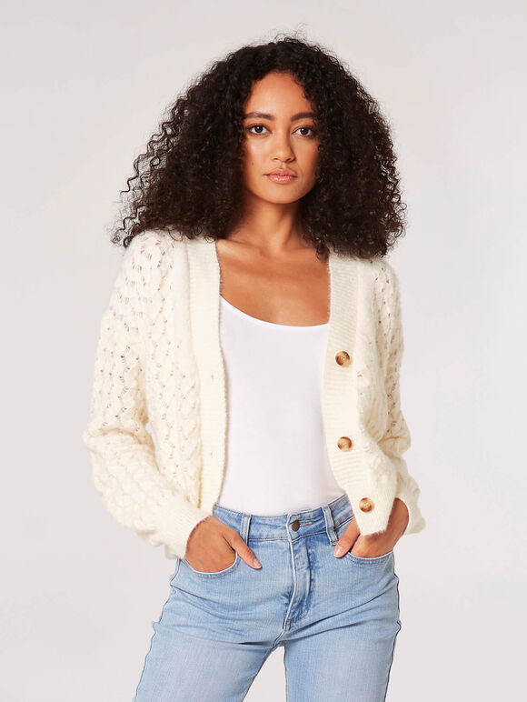 Waffle Knit Chunky Cardigan, Cream, large