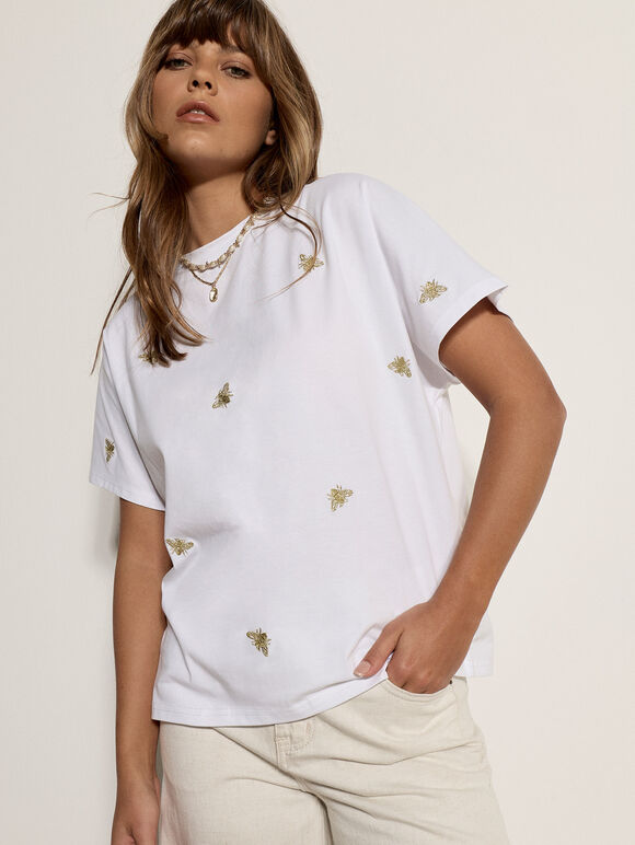 Gold Bee Embroidered T-Shirt, White, large