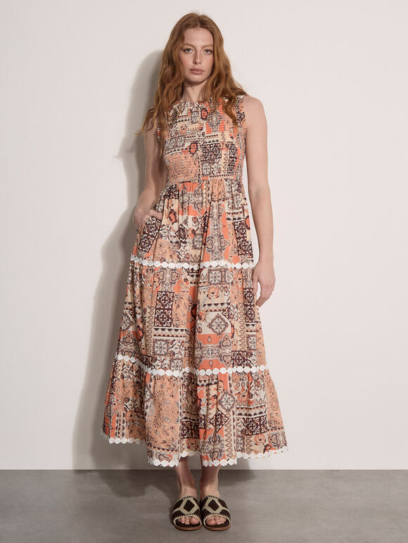 Patchwork Scarf Smocked Maxi Dress, Coral, large