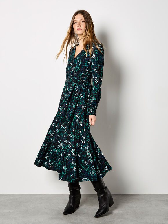 Eucalyptus Leaf Print Maxi Dress, Black, large