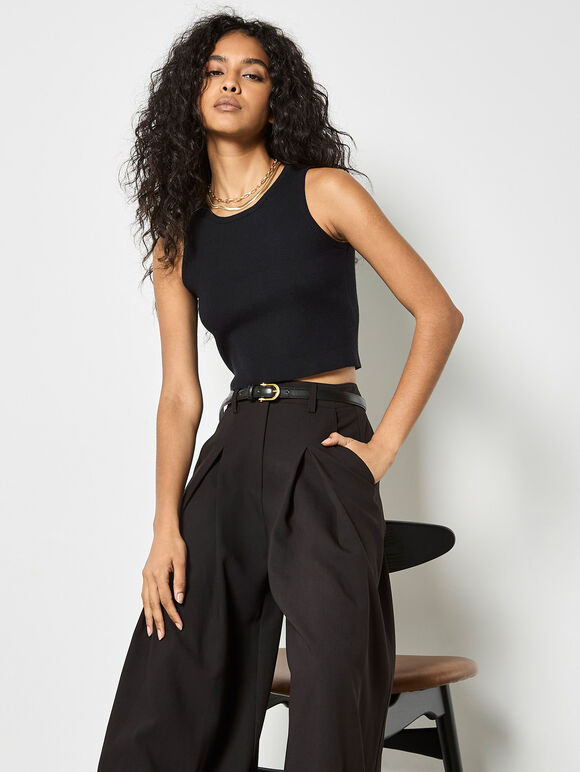 Super Wide Leg Pleat Tailored Trousers, Black, large