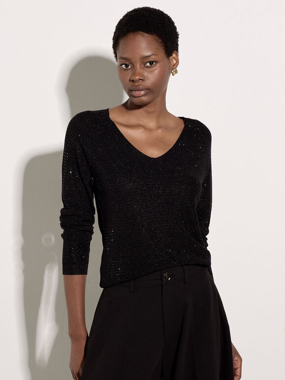 Diamante Embellished Fine Knit Jumper, Black, large