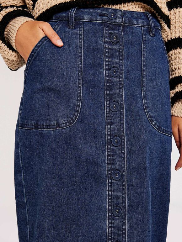 Denim Button Down Midi Skirt, Blue, large