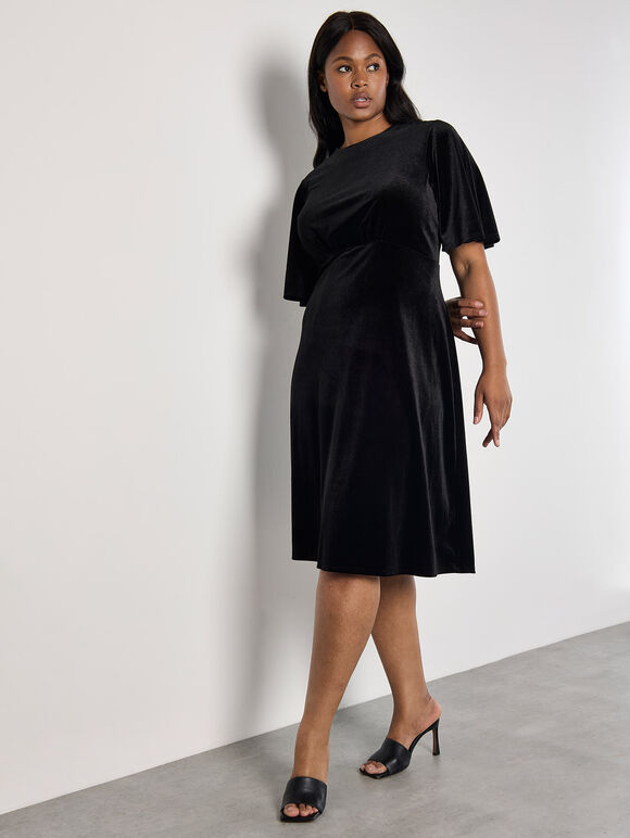 Curve Velvet Fit And Flare Midi Dress, Black, large