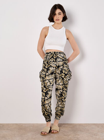 Tropical Leaf Print Tapered Joggers