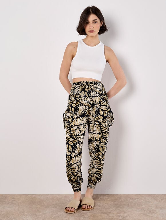 Tropical Leaf Print Tapered Joggers, Navy, large