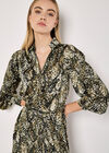 Snakeskin Print Satin Shirt Midi Dress, Khaki, large