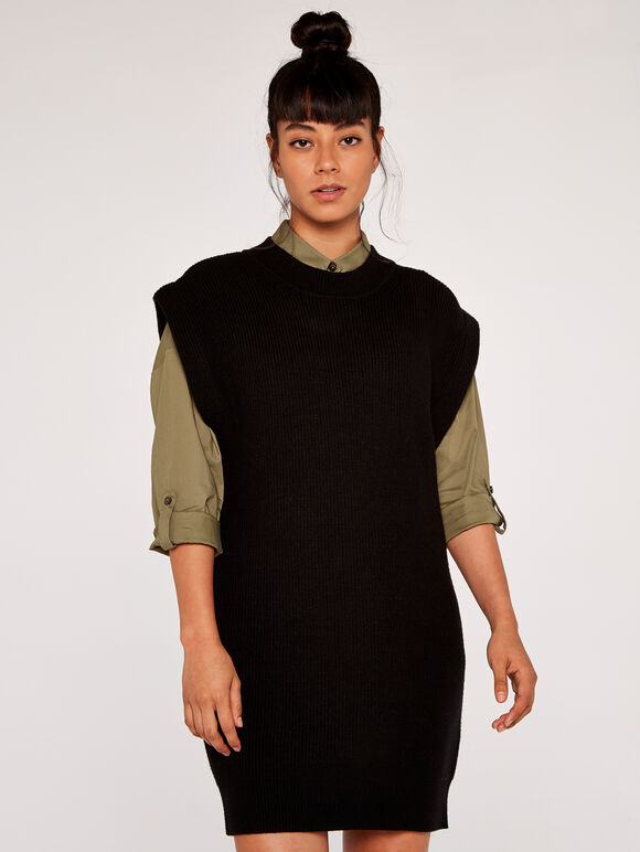Sleeveless Knit Dress, Black, large