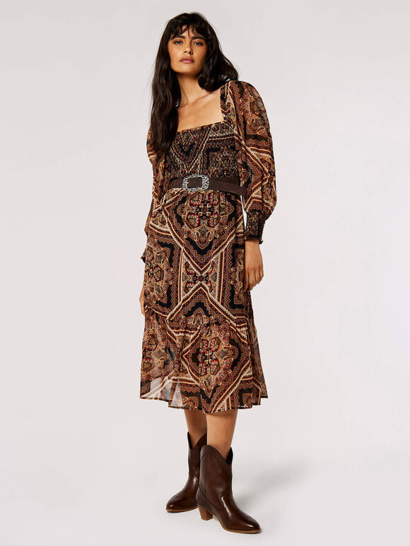 Scarf Print Milkmaid Midi Dress, Rust, large