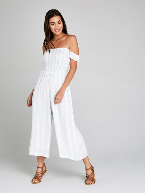 Stripe Bardot Smock Jumpsuit, Blue, large