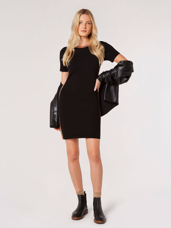 Mini-robe moulante tricotée à panneaux rayés, noir, grand