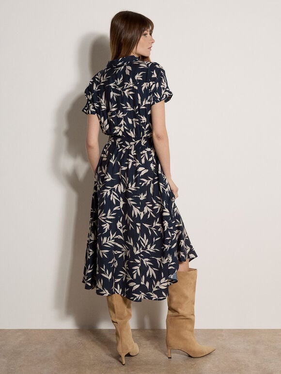 Textured Leaf Shirt Midi Dress, Navy, large