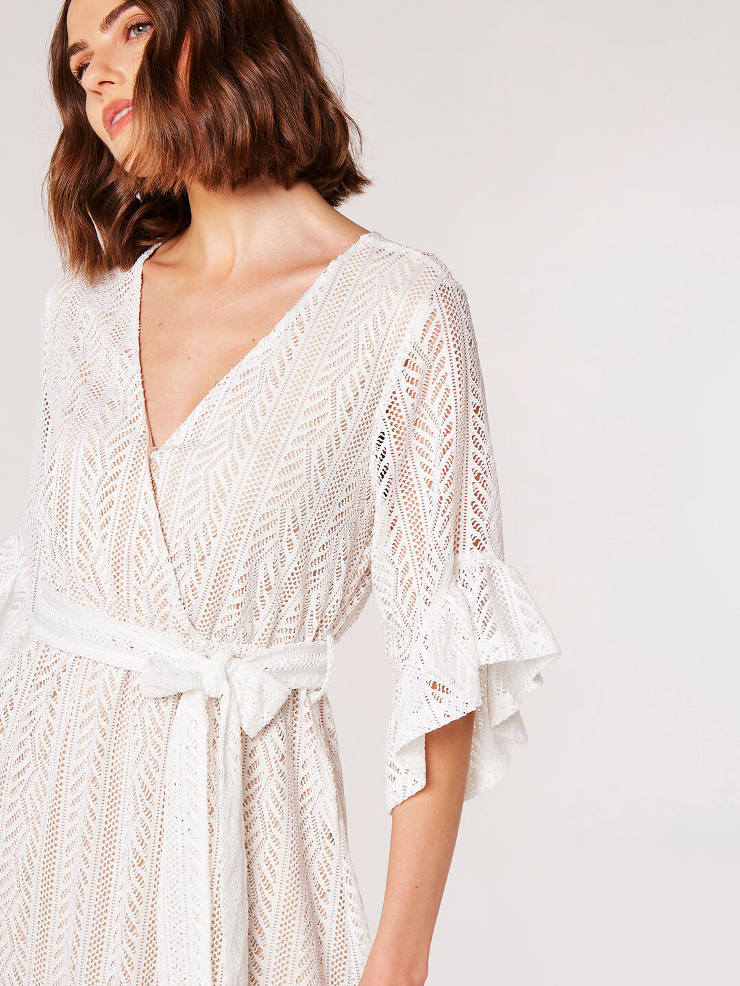 Lace Ruffle Wrap Midi Dress