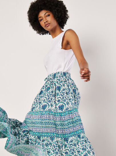 Floral Vine Cotton Tiered Maxi Skirt