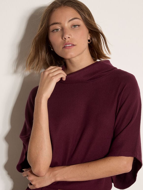 Roll Neck Ribbed Cape, Burgundy, large
