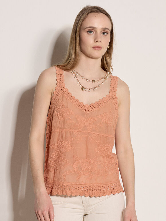 Floral Embroidery Crochet Cotton Top, Peach, large