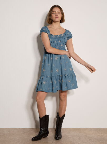 Denim Floral Embroidered Mini Dress
