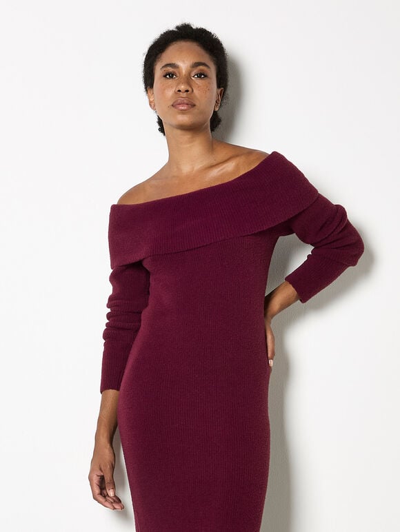 Fluffy Bardot Midaxi Dress, Burgundy, large