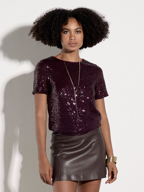 Sequin Embellished T-Shirt, Burgundy, large