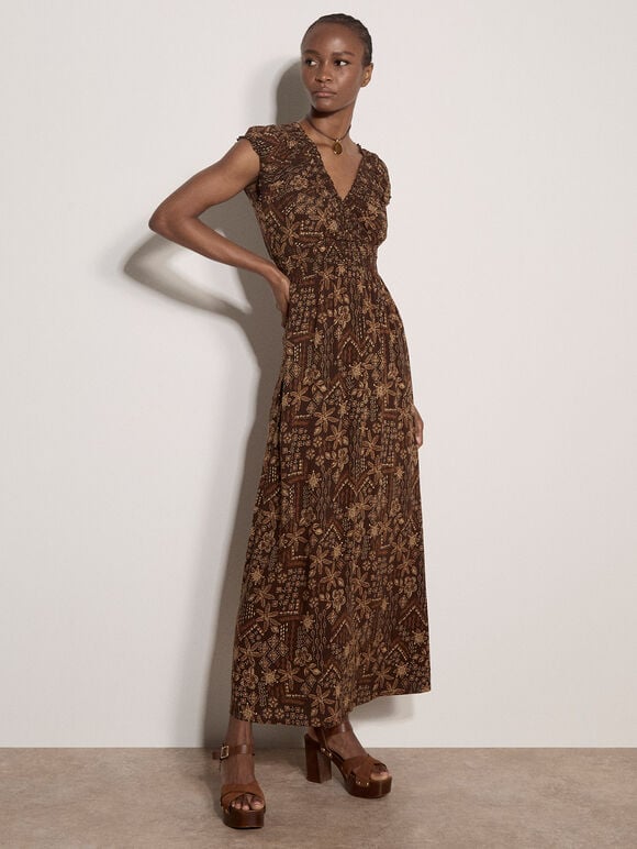 Batik Floral Smocked Maxi Dress, Brown, large