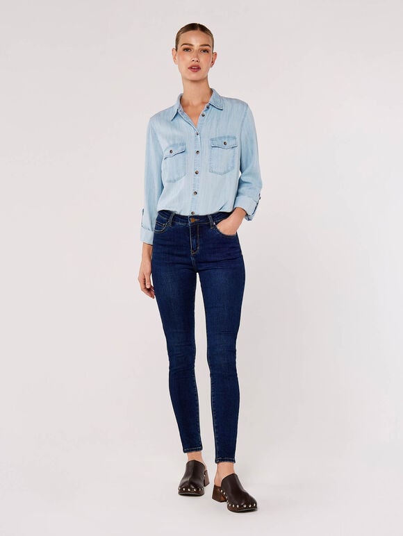 Button Down Denim Shirt, Sky Blue, large