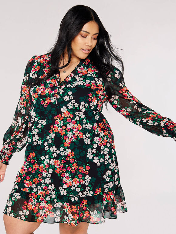 Curve Floral Mini Dress, Black, large