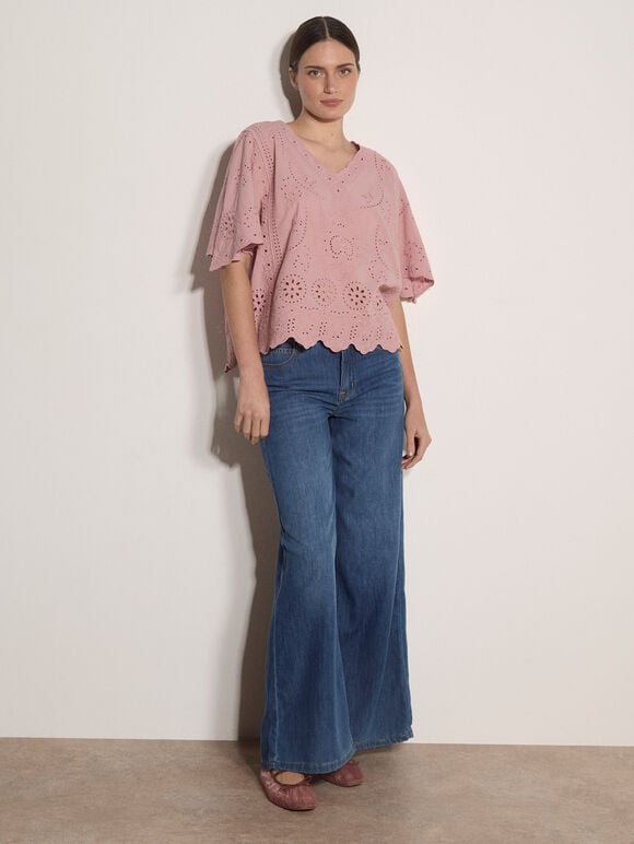 Embroidered Cotton Top, Coral, large