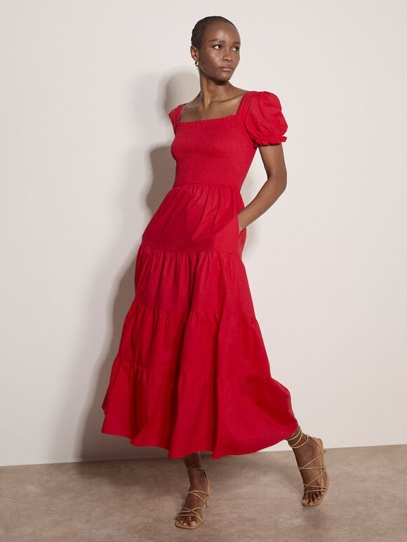Cotton Tiered Milkmaid Midi Dress, Red, large