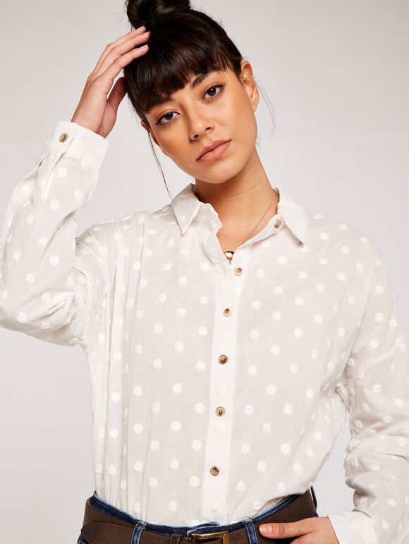 Polka Dot Oversized Shirt, Cream, large